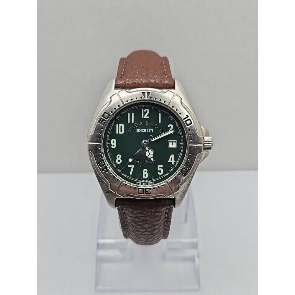 Field And Stream Mens Quartz Green Dial Date 50M Watch New Battery Leather Strap